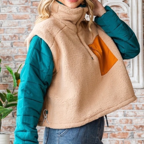 Sherpa Fleece Quilted Puffer Sleeve Cropped Half Zip Pullover Jacket Beige Combo - Picture 4 of 10